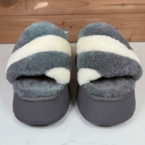 UGG Disco Stripe Slide Platform Sandals Gray White Fur Women Size 12 - Picture 3 of 12